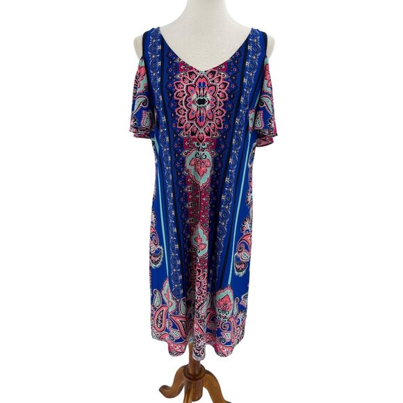 Paisley Print Cold Shoulder Dress Flowy Mandala Boho Midi Msk, Size L - Picture 1 of 9